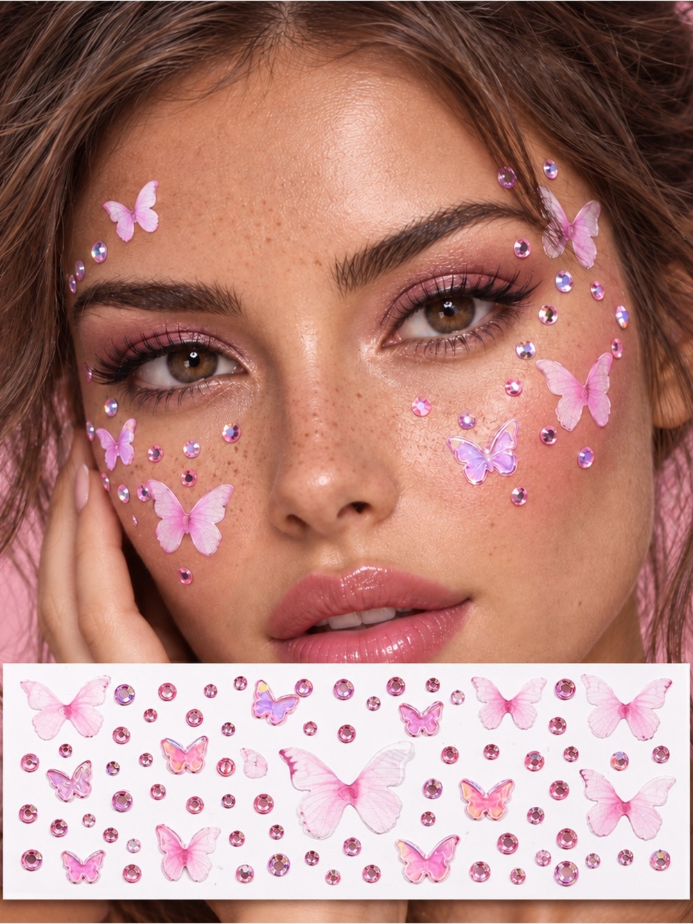 Pink Butterfly Face Gems Rhinestone Sticker Sheet